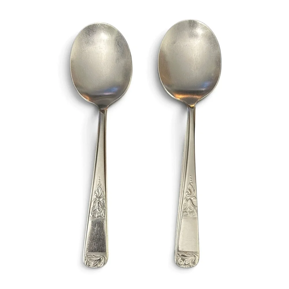 Set of 2 Vintage Hull Lifetime Deluxe Stainless Steel Oval Soup Spoons Tulip